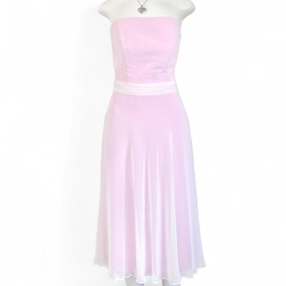 y2k vintage pink strapless midi dress white waist detail